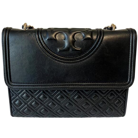 Tory Burch Fleming Leather Convertible Shoulder Bag Crossbody Black Chain Logo - Picture 2 of 14